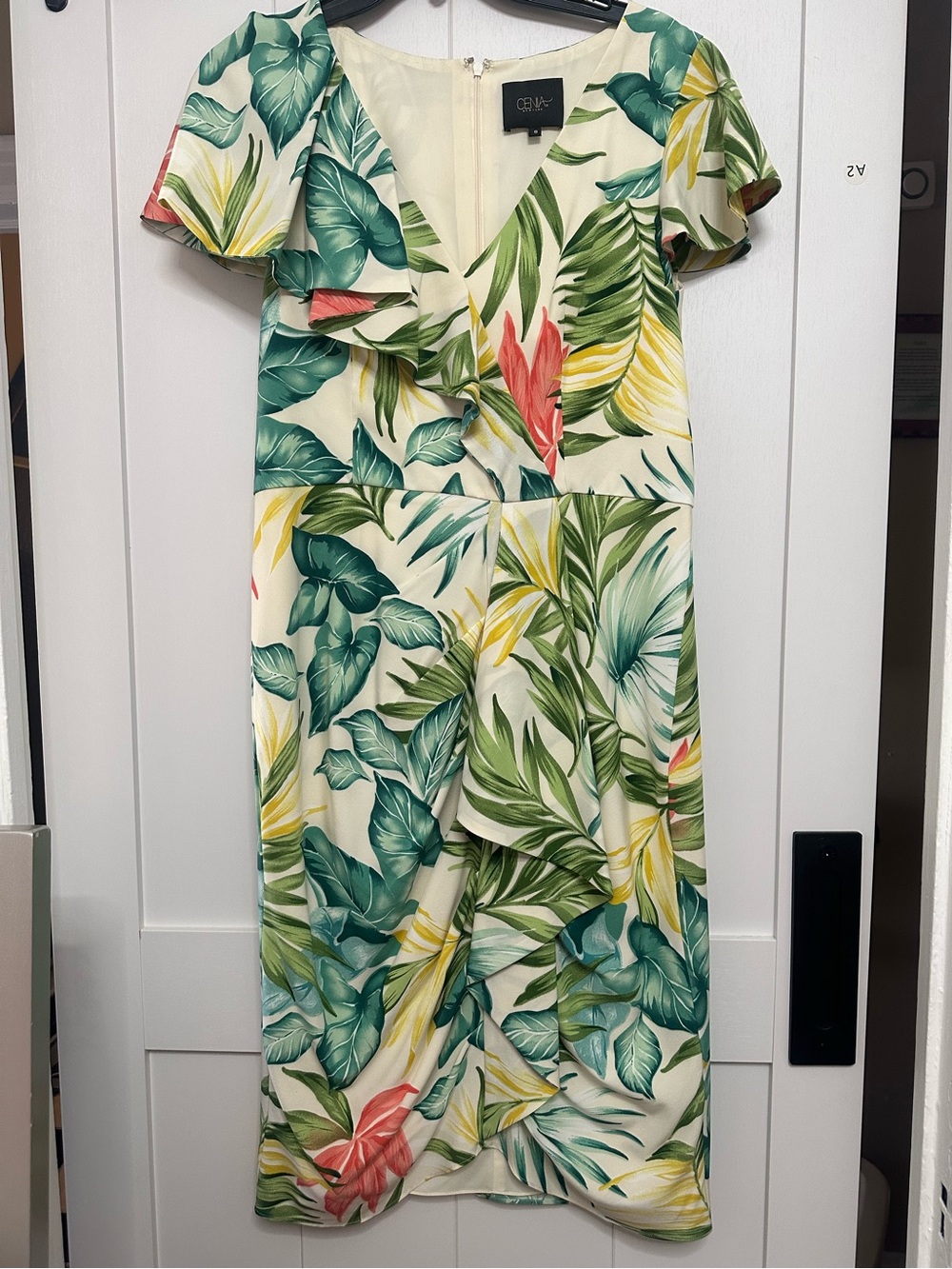 Tropical Cream Midi Dress with Green Leaf Print